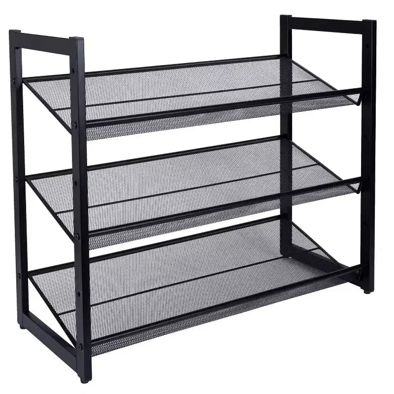 3-Tier Shoe Rack Organizer with Mesh, Black Iron Frame, Holds 12 Pairs, 29"W x 24.4"D x 12"H