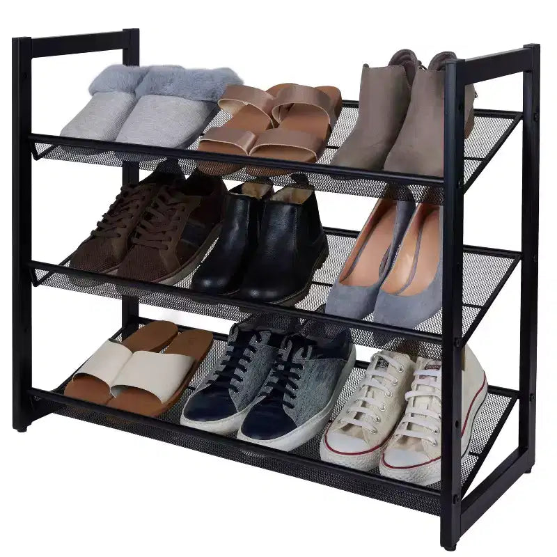 3-Tier Shoe Rack Organizer with Mesh, Black Iron Frame, Holds 12 Pairs, 29"W x 24.4"D x 12"H