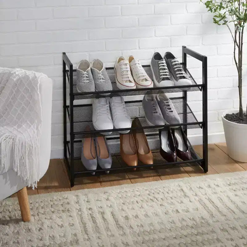 3-Tier Shoe Rack Organizer with Mesh, Black Iron Frame, Holds 12 Pairs, 29"W x 24.4"D x 12"H