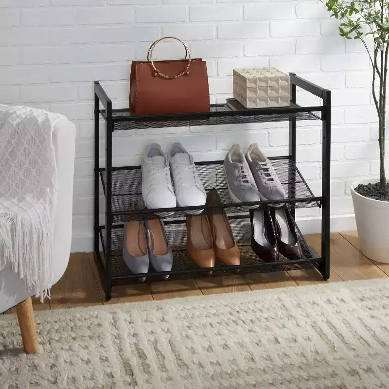 3-Tier Shoe Rack Organizer with Mesh, Black Iron Frame, Holds 12 Pairs, 29"W x 24.4"D x 12"H