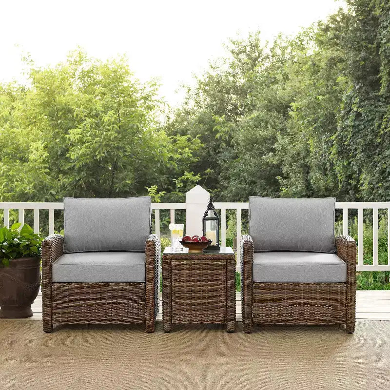 Fauteuils en osier de jardin 3 pièces Bradenton avec table d'appoint : structure en acier, résistants aux UV - Crosley
