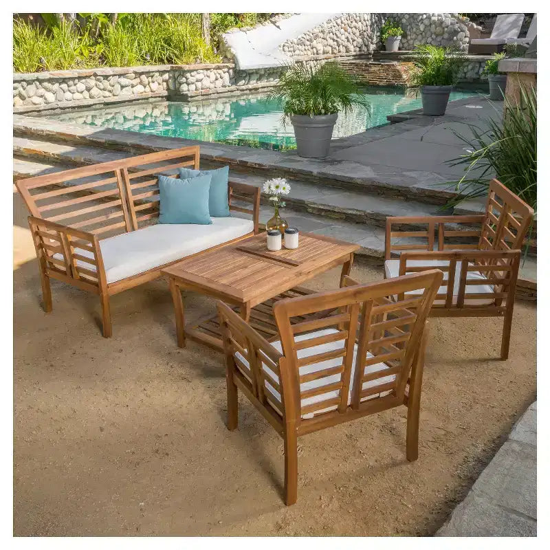 Caydon 4pc Acacia Wood Patio Chat Set with Cushions - Brown Patina - Christopher Knight Home: Outdoor Seating Ensemble