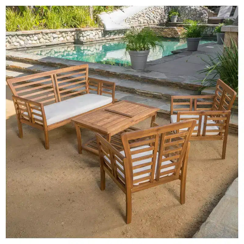 Caydon Ensemble de conversation 4 pièces en bois d'acacia avec coussins - Patine brune - Christopher Knight Home : Ensemble de sièges d'extérieur