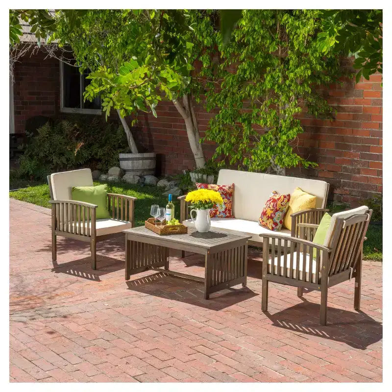 Carolina 4pc Acacia Wood Chat Set - Gray - Christopher Knight Home: Outdoor Seating with Cushions & Coffee Table