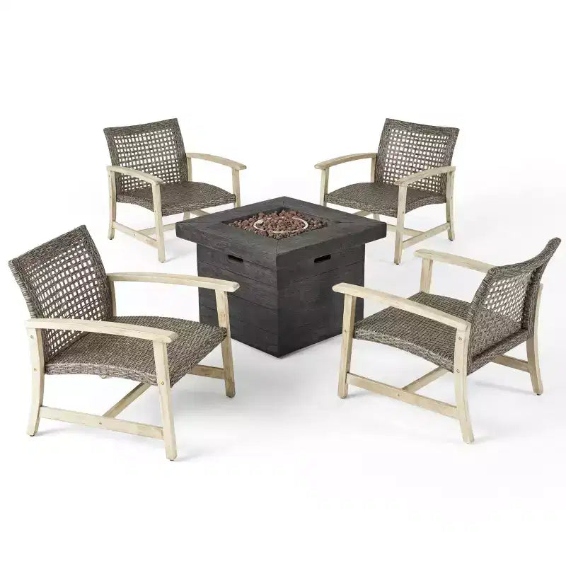 Breakwater 5pc Wood & Wicker Club Chairs & Fire Pit Set - Light Gray/Black/Gray -Christopher Knight Home: Acacia Frame, PE Rattan