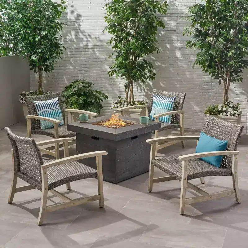 Ensemble de 5 chaises de club et de foyer en bois et osier Breakwater – Gris clair/Noir/Gris – Christopher Knight Home : Structure en acacia, Rotin PE