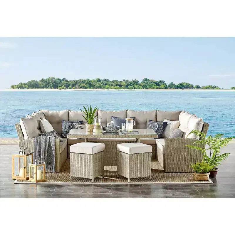 Canaan 4pc All Weather Wicker Outdoor Double Corner Horseshoe Sectional Set Cream - Alaterre Furniture: Weather-Resistant Patio Set with Glass Table