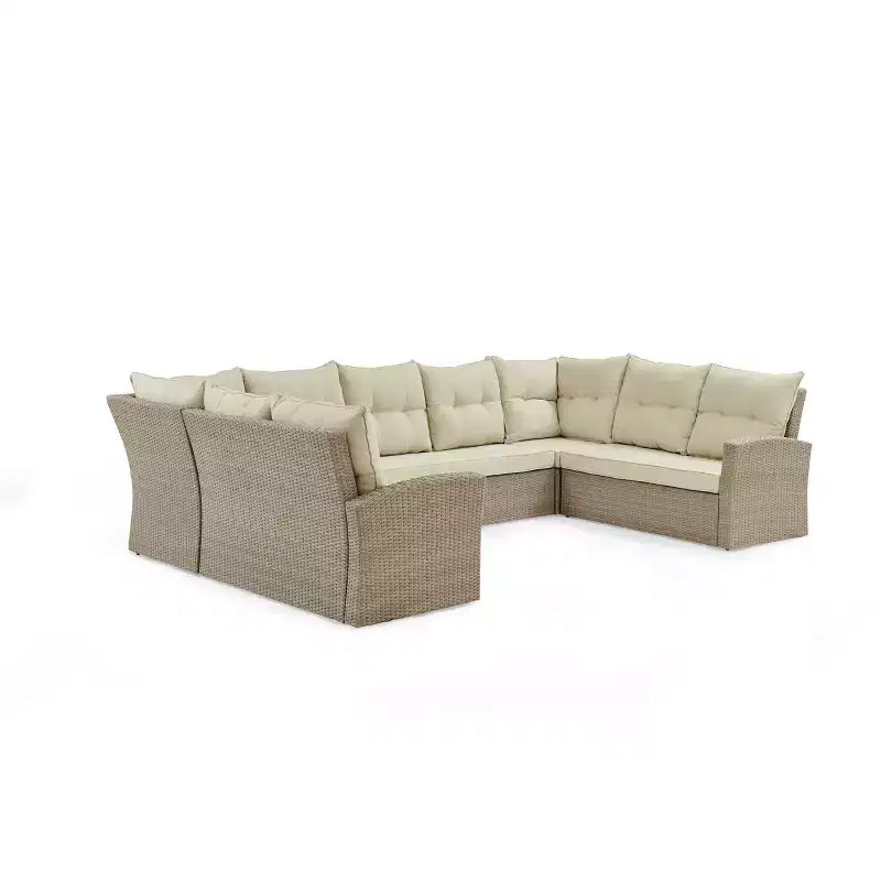 Canaan Ensemble de patio sectionnel double en osier en fer à cheval 4 pièces résistant aux intempéries Crème - Meubles Alaterre : Ensemble de patio résistant aux intempéries avec table en verre