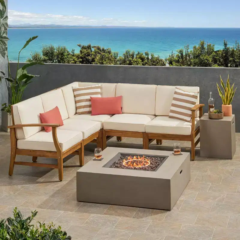 Illona 7pc Acacia Wood V-Shaped Sofa & Square Fire Table Set Teak/Crme/Light Gray- Christopher Knight Home