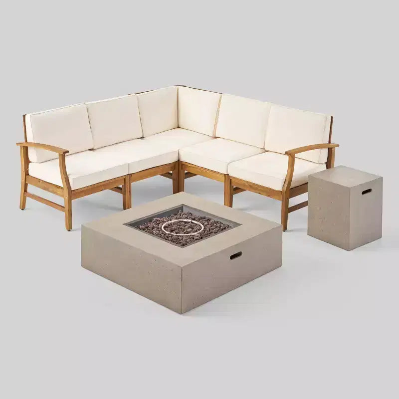 Illona Ensemble canapé d'angle 7 places et table de foyer carrée en bois d'acacia teck/crème/gris clair - Christopher Knight Home