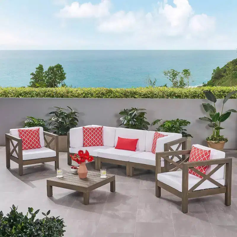 Brava 6pc Acacia Wood Sofa Chat Set - Gray/White - Christopher Knight Home