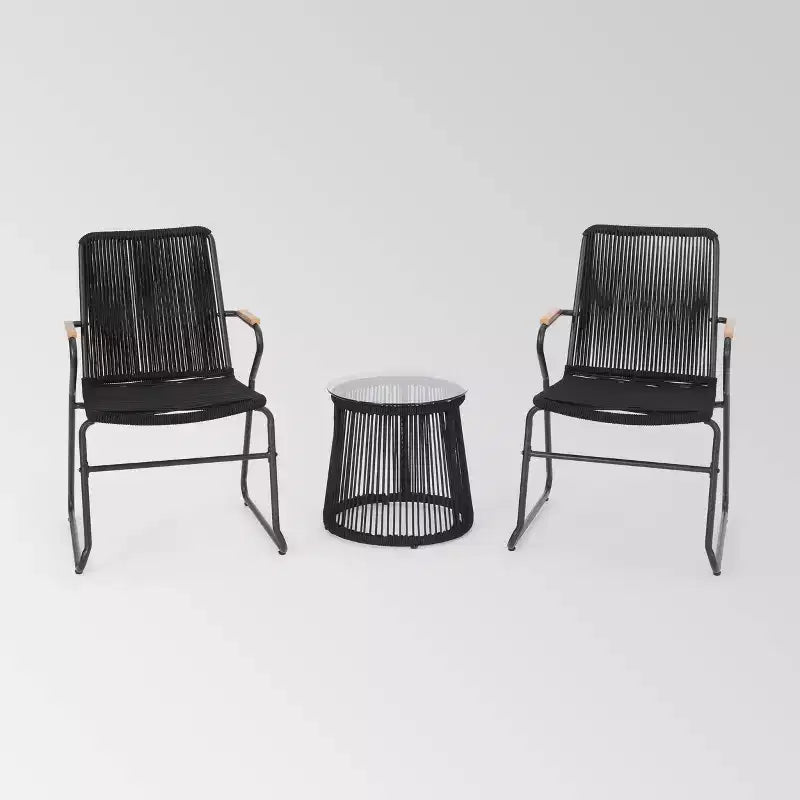 Moonstone 3pc Rope Weave Modern Chat Set - Black - Christopher Knight Home: Weather-Resistant Outdoor Seating