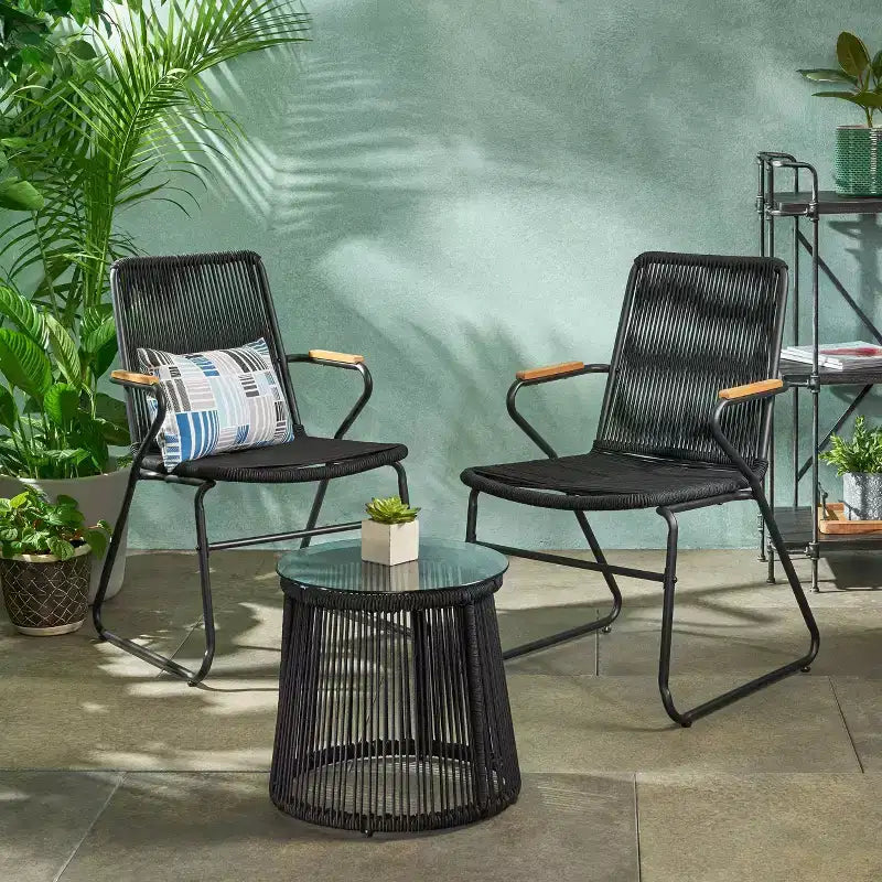 Moonstone Ensemble de conversation moderne 3 pièces en corde tressée - Noir - Christopher Knight Home : Assise d'extérieur résistante aux intempéries