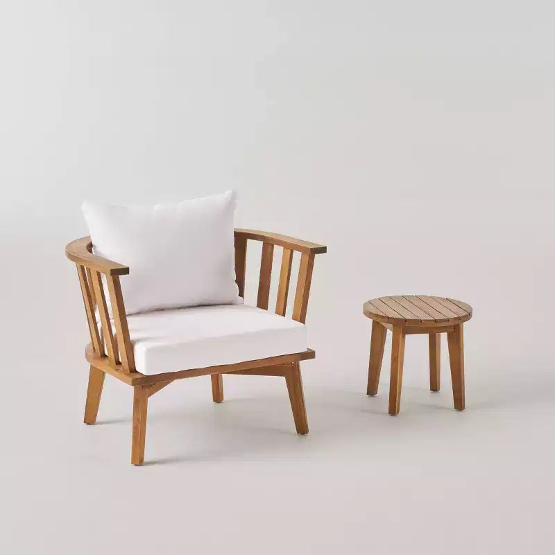 Chilian 2pc Acacia Wood Chair and Table Set - Teak/White - Christopher Knight Home: Weather-Resistant, with Cushions