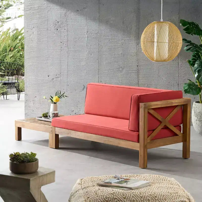 2 fauteuils d'extérieur Brava en bois d'acacia accoudoir droit et table basse avec coussin teck/rouge - Christopher Knight Home