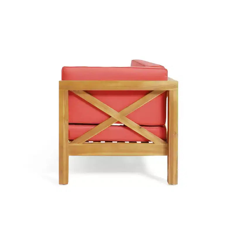 2 fauteuils d'extérieur Brava en bois d'acacia accoudoir droit et table basse avec coussin teck/rouge - Christopher Knight Home