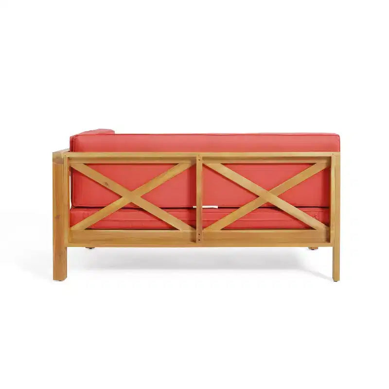 2 fauteuils d'extérieur Brava en bois d'acacia accoudoir droit et table basse avec coussin teck/rouge - Christopher Knight Home