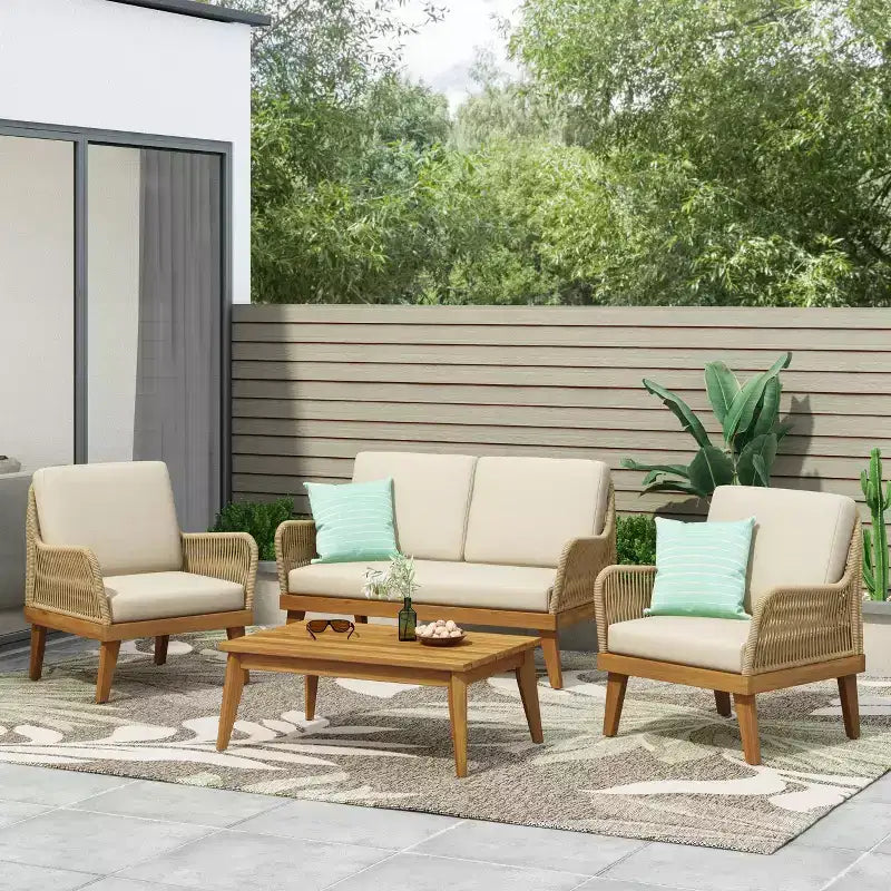 Ensemble 4 pièces Annisa d'extérieur en bois d'acacia avec coussins : résistant aux intempéries, protection UV - Christopher Knight Home