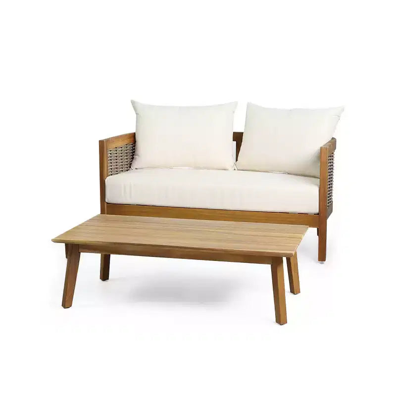 Christopher Knight Home 2pc Burchett Acacia Wood and Rattan Outdoor Loveseat and Coffee Table Set with Cushions
