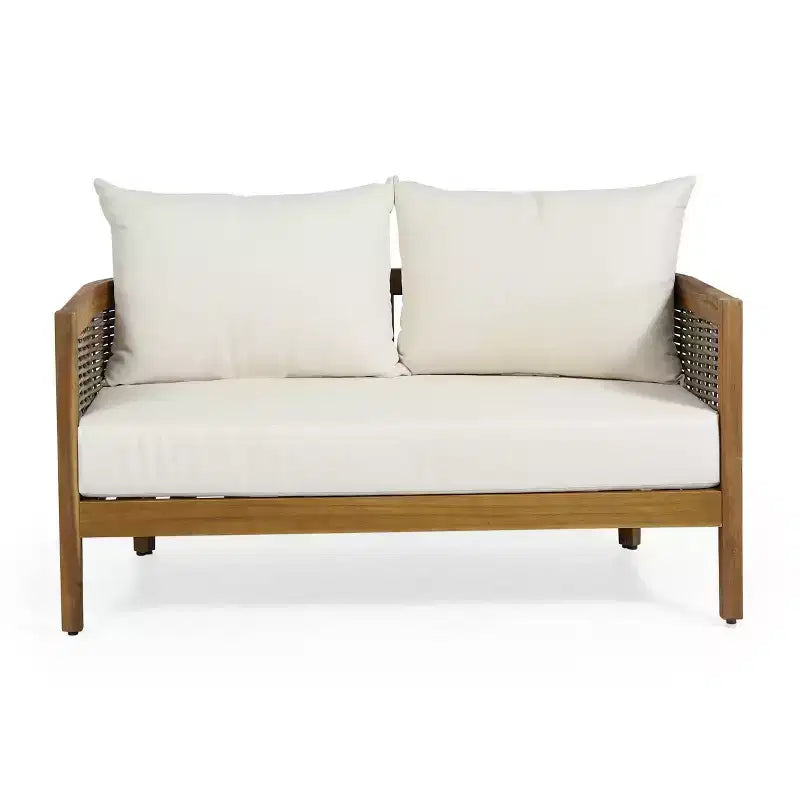 Christopher Knight Home Ensemble causeuse et table basse d'extérieur 2 pièces Burchett en bois d'acacia et rotin avec coussins