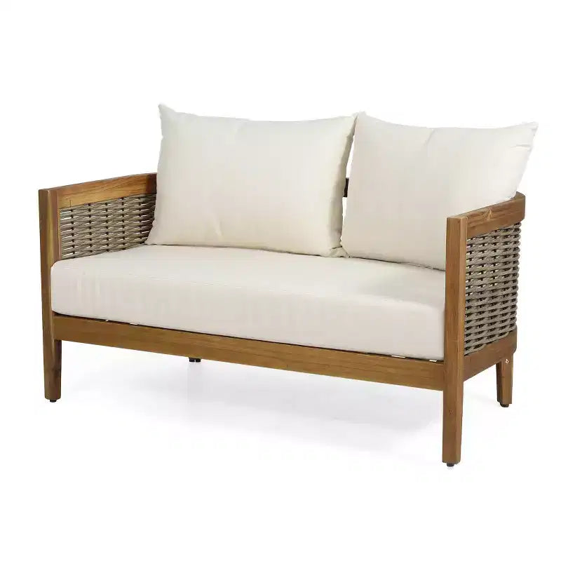 Christopher Knight Home Ensemble causeuse et table basse d'extérieur 2 pièces Burchett en bois d'acacia et rotin avec coussins
