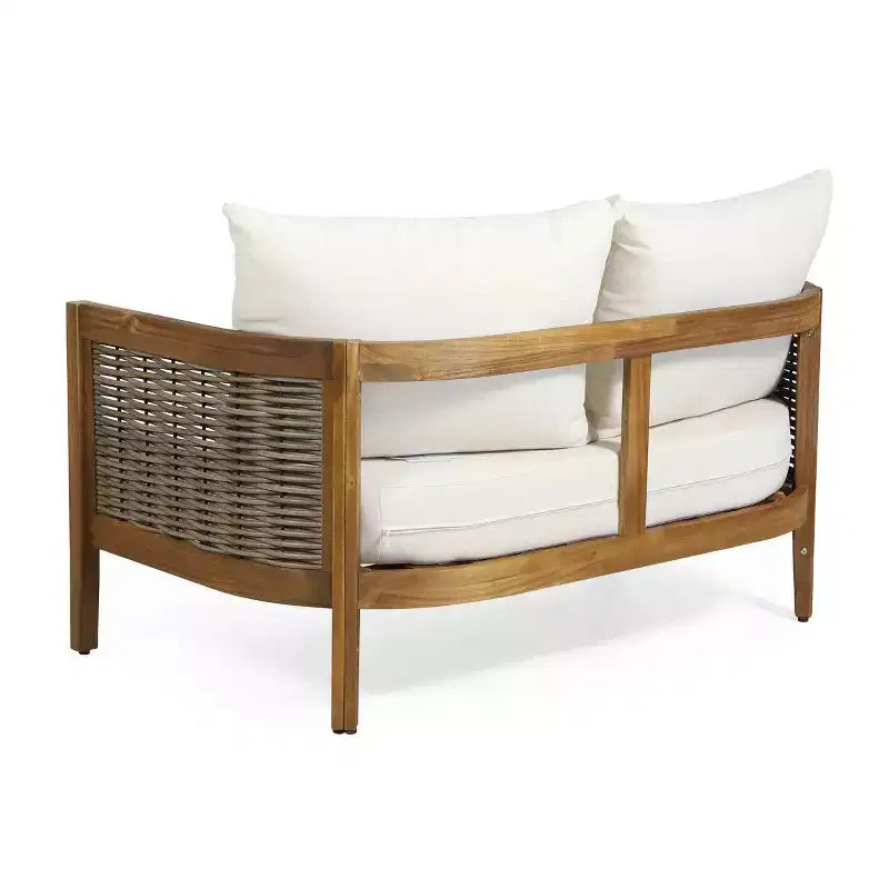 Christopher Knight Home Ensemble causeuse et table basse d'extérieur 2 pièces Burchett en bois d'acacia et rotin avec coussins