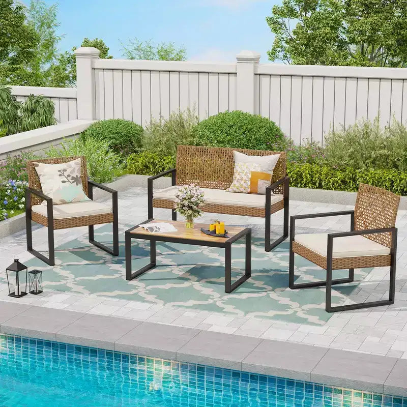 Captiva Designs 4pc Conversation Set: Rattan Loveseat, Coffee Table, Weather-Resistant