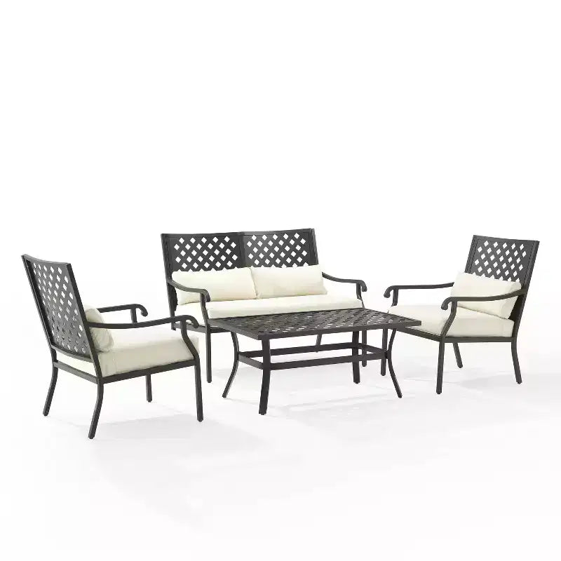 4pc Alistair Outdoor Steel Conversation Set Creme/Matte Black - Crosley: Weather-Resistant Patio Seating with Coffee Table