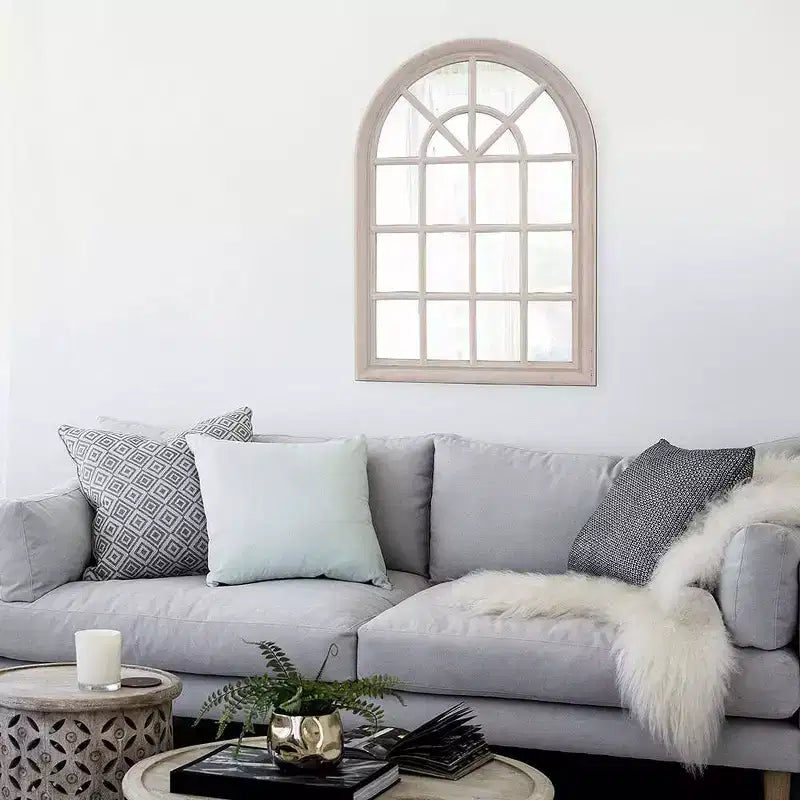 41"x29" Windowpane Wood Framed Wall Mirror, Taupe, Decorative Living Room or Bedroom Mirror
