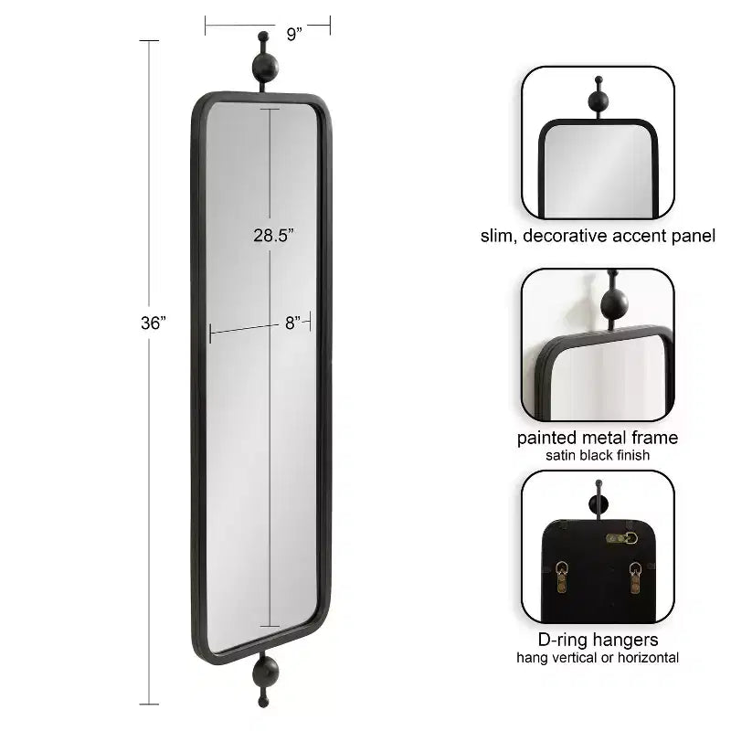 9"x36" Slim Rectangle Wall Mirror, Metal Frame, Black, Modern Minimalist Decor