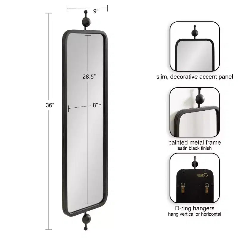 9"x36" Slim Rectangle Wall Mirror, Metal Frame, Black, Modern Minimalist Decor