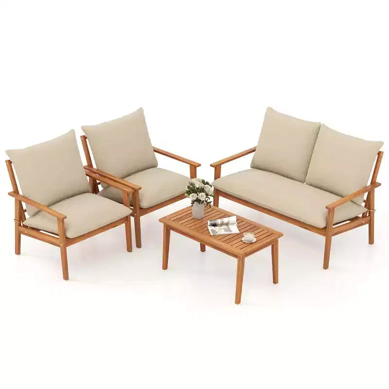 Ensemble de mobilier de patio Costway 4 pièces en bois d'acacia avec coussins moelleux et table basse