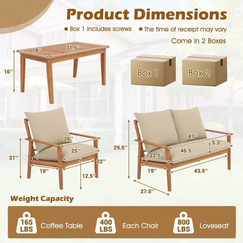 Ensemble de mobilier de patio Costway 4 pièces en bois d'acacia avec coussins moelleux et table basse
