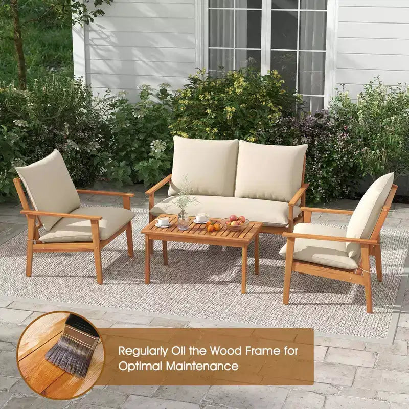 Ensemble de mobilier de patio Costway 4 pièces en bois d'acacia avec coussins moelleux et table basse