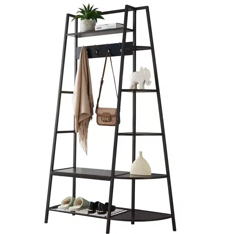 Hall Tree with Storage Bench, Shoe Shelf, 4 Hooks and Coat Rack Stand, Metal Frame, Pewter