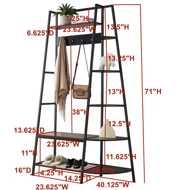Hall Tree with Storage Bench, Shoe Shelf, 4 Hooks and Coat Rack Stand, Metal Frame, Pewter
