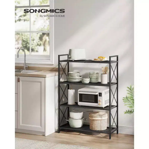 SONGMICS 4-Tier Metal Storage Rack, Shelving Unit with X Side Frames, Dense Mesh, 12.6 x 31.5 x 44.3 Inches, Industrial Style, Ink Black