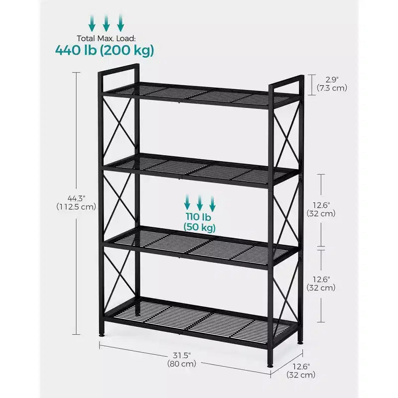 4-Tier Metal Storage Rack with X Side Frames, Dense Mesh, 12.6"x31.5"x44.3", Industrial, Ink Black