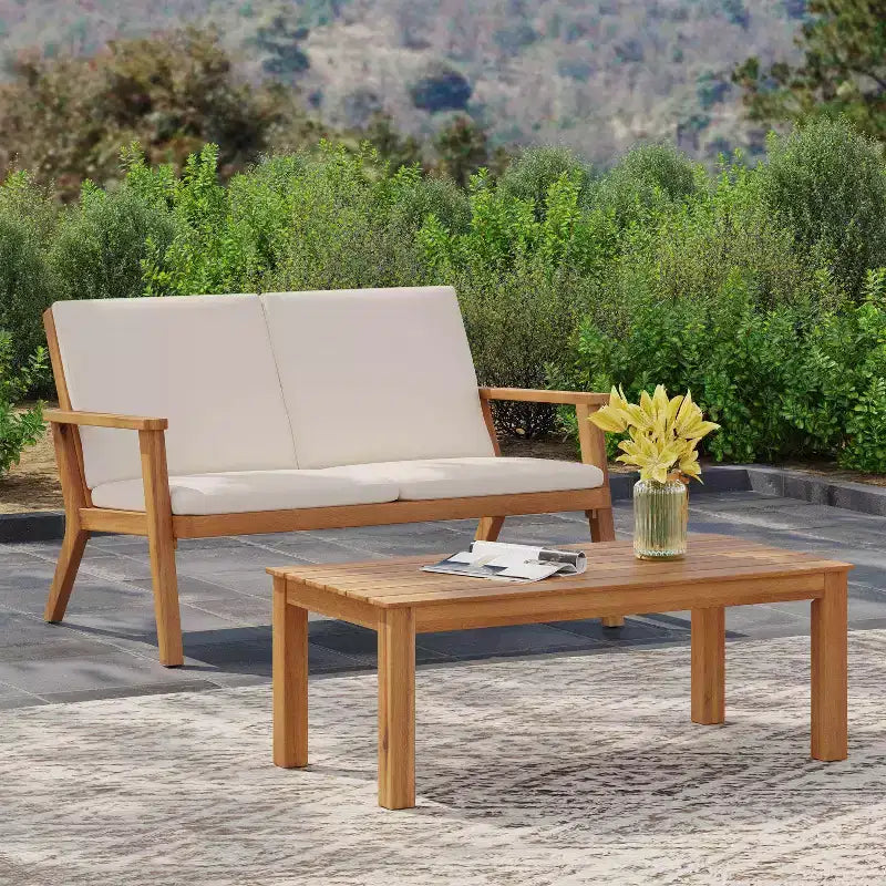 GDFStudio Deborah Ensemble Canapé et Table Basse d'Extérieur en Bois d'Acacia avec Coussins
