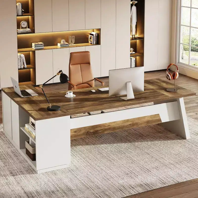 Modern 78" L-Shaped Executive Desk with Drawers and Lateral File Cabinet