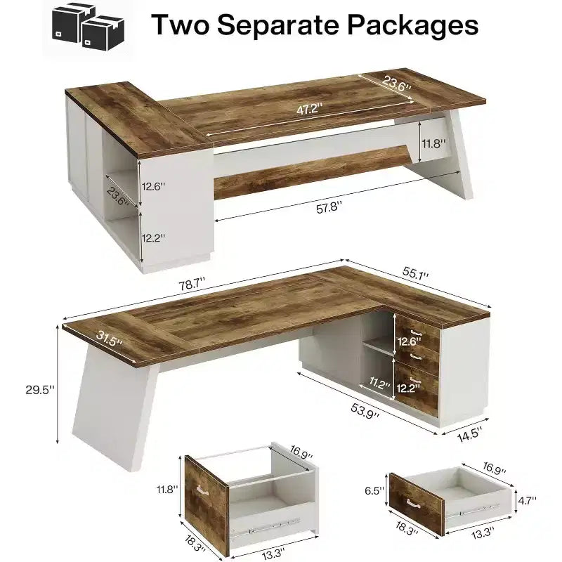 Modern 78" L-Shaped Executive Desk with Drawers and Lateral File Cabinet
