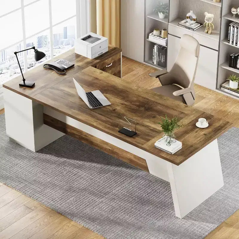 Modern 78" L-Shaped Executive Desk with Drawers and Lateral File Cabinet