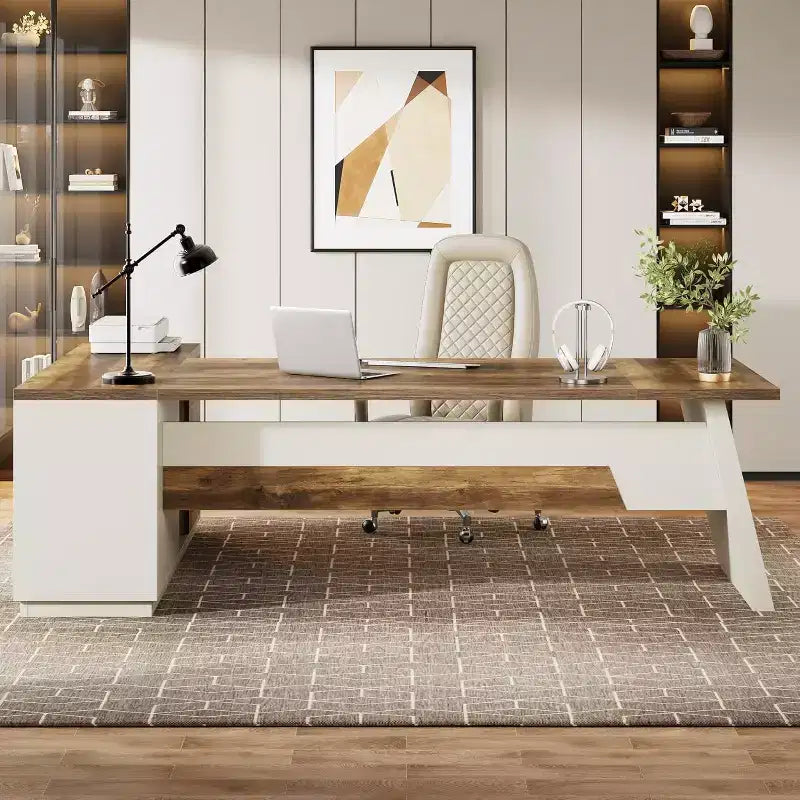Modern 78" L-Shaped Executive Desk with Drawers and Lateral File Cabinet