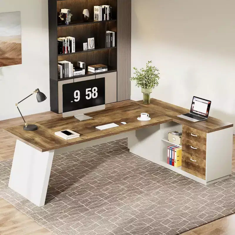 Modern 78" L-Shaped Executive Desk with Drawers and Lateral File Cabinet