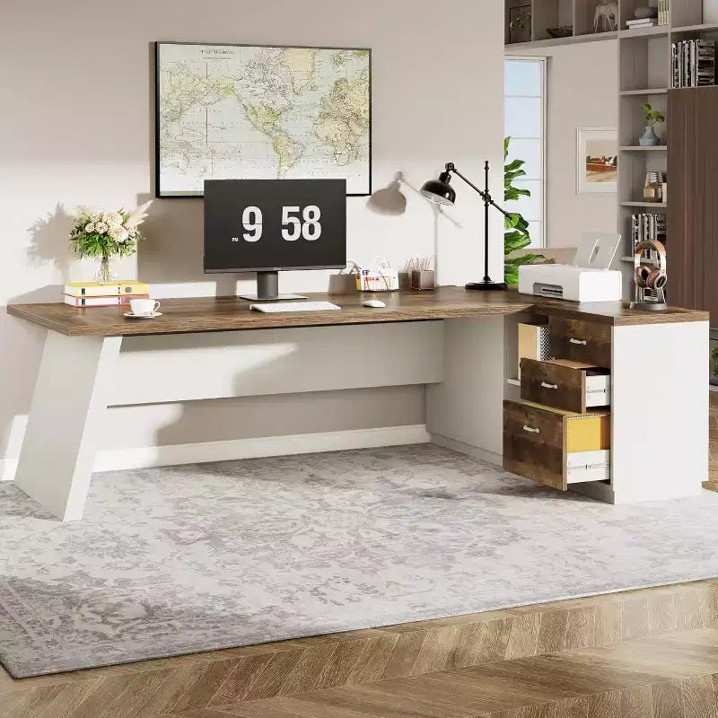 Modern 78" L-Shaped Executive Desk with Drawers and Lateral File Cabinet