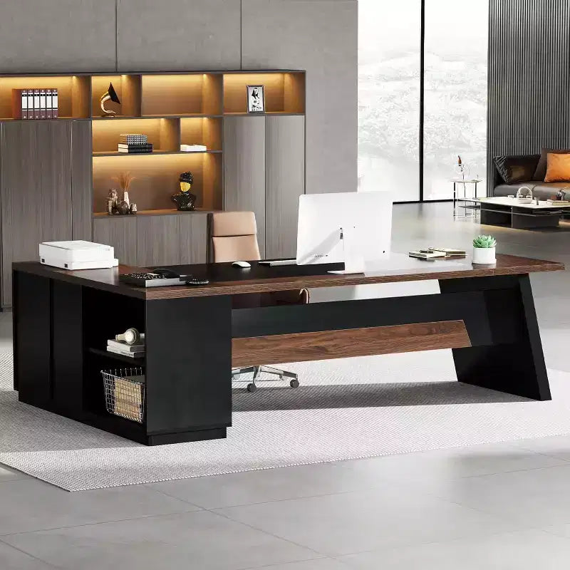 Modern 78" L-Shaped Executive Desk with Drawers and Lateral File Cabinet