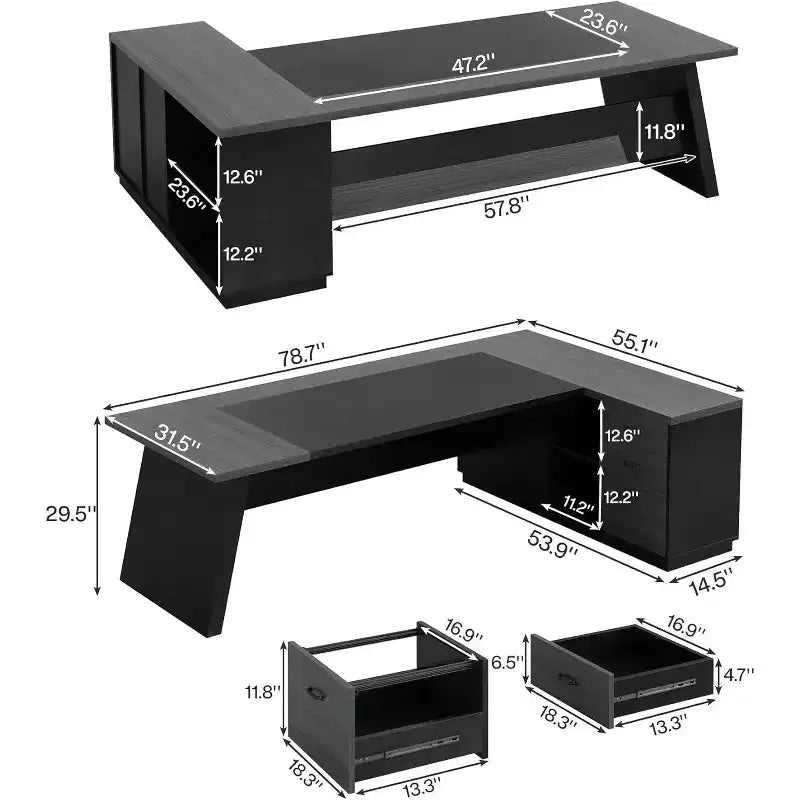 Modern 78" L-Shaped Executive Desk with Drawers and Lateral File Cabinet