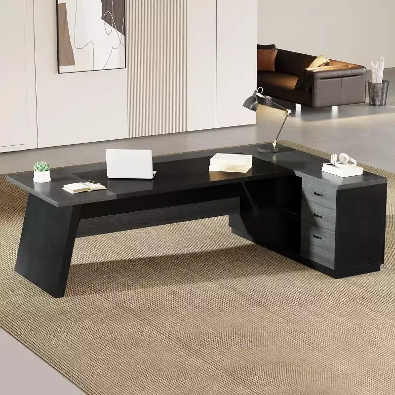 Modern 78" L-Shaped Executive Desk with Drawers and Lateral File Cabinet