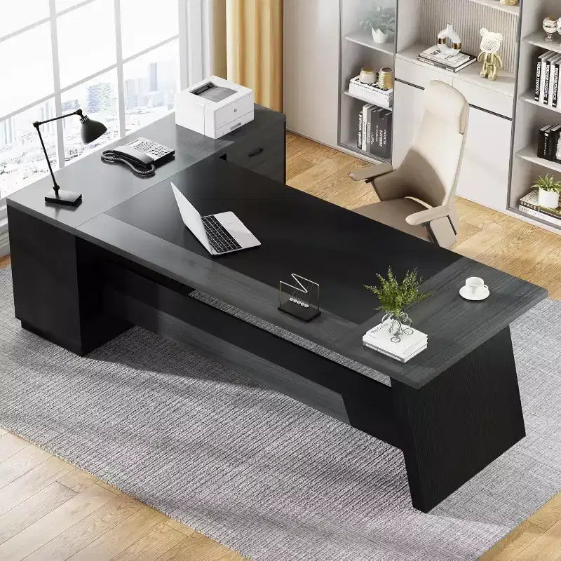 Modern 78" L-Shaped Executive Desk with Drawers and Lateral File Cabinet