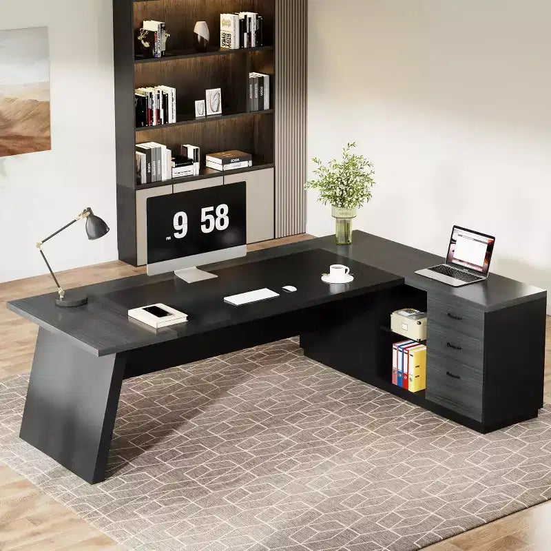 Modern 78" L-Shaped Executive Desk with Drawers and Lateral File Cabinet